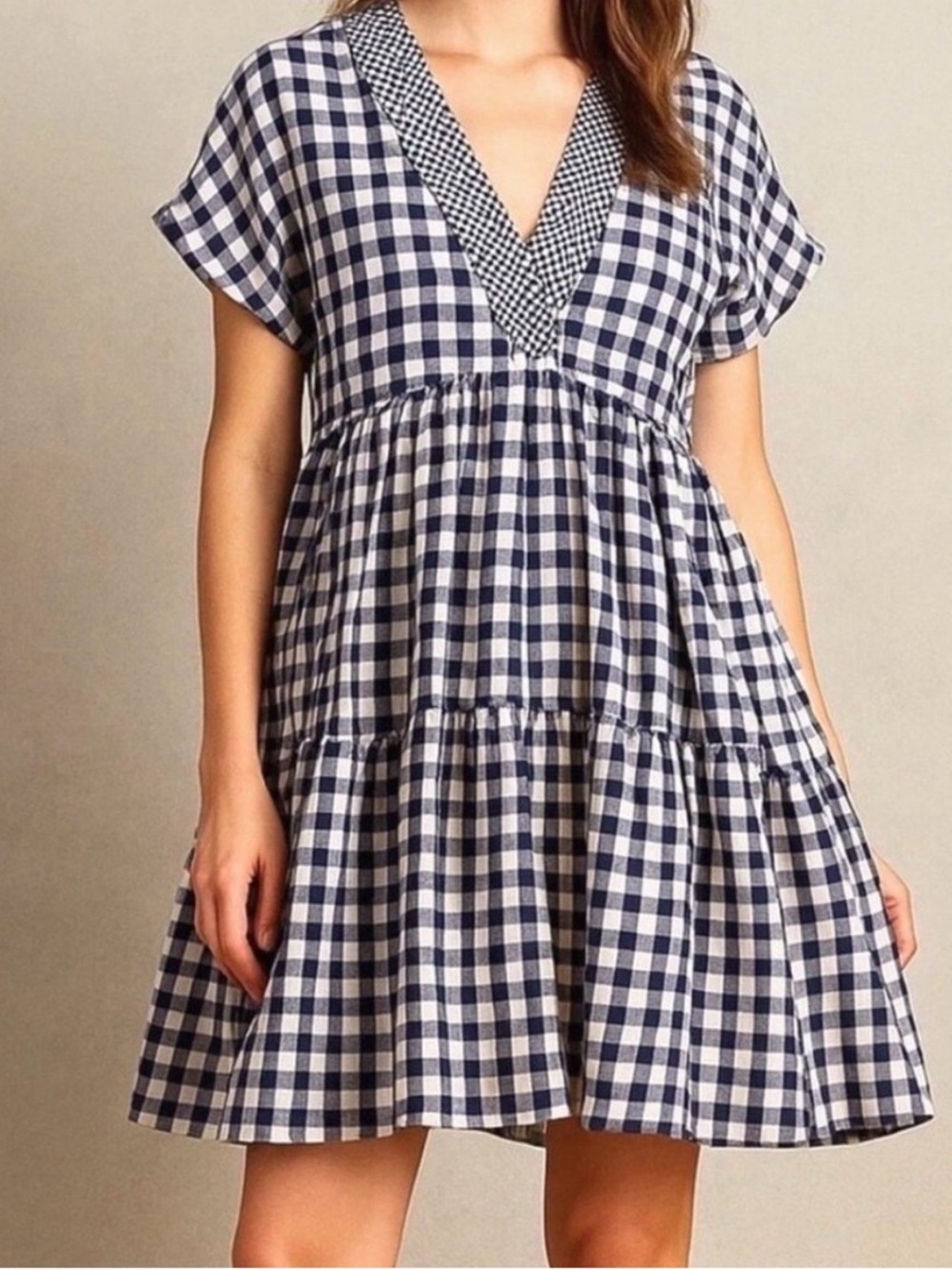 Anthropologie Navy and White Gingham Tiered Dress